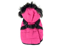 Pink Winter Dog Coat with Fur Hood and Integrated Harness