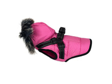 Pink Winter Dog Coat with Fur Hood and Integrated Harness