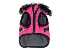 Pink Winter Dog Coat with Fur Hood and Integrated Harness