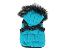 Blue Winter Dog Coat with Fur Hood and Integrated Harness