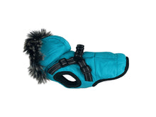 Blue Winter Dog Coat with Fur Hood and Integrated Harness