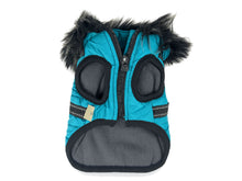 Blue Winter Dog Coat with Fur Hood and Integrated Harness