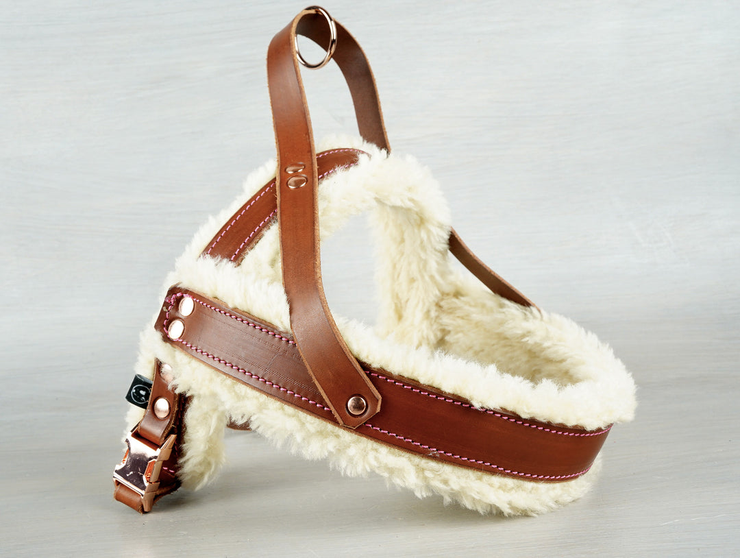 Fully Customizable Leather Dog Harness with Extra Fluffy Sheepskin