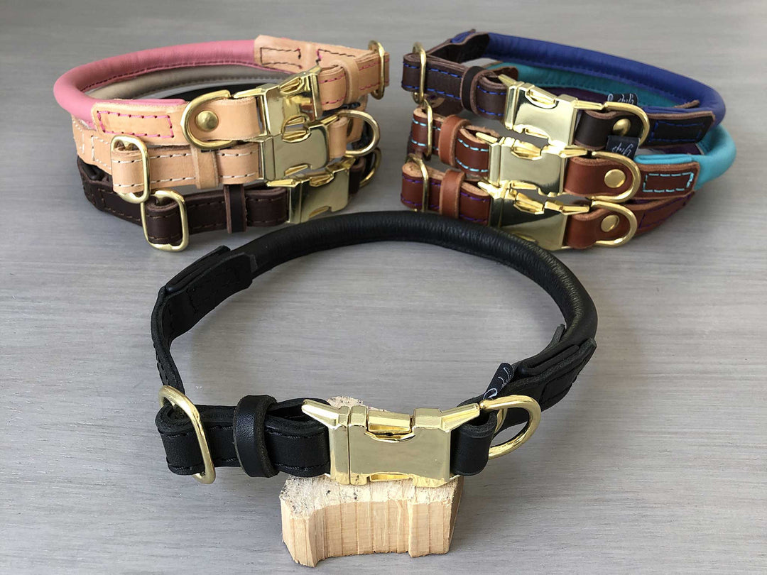 Bicolored Rolled Leather Quick Release Dog Collar With Customizable Ha Yupcollars